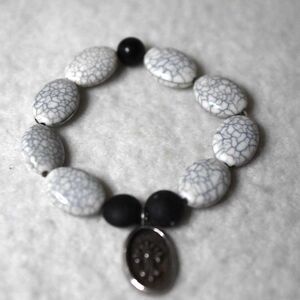 Night Cross Black/White/Blue Stone Beaded 5" Silver Tone Charm Gothic Bracelet
